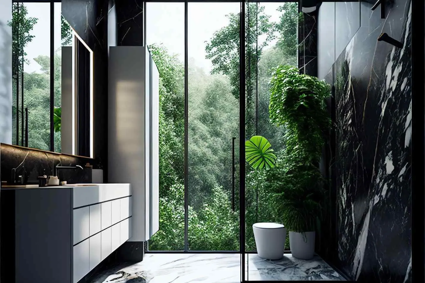 Salle de bains avec mur en marbre noir, WC suspendu et grandes baies vitrées sur la verdure