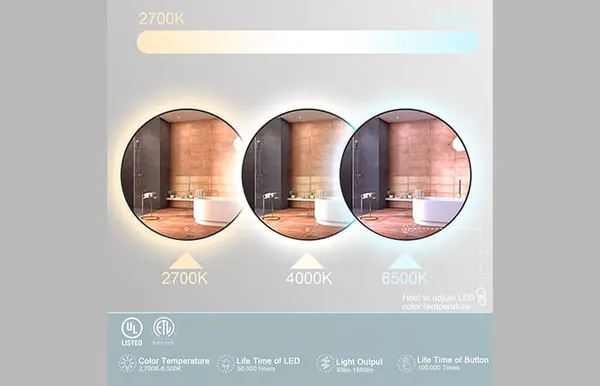 Trois miroirs ronds éclairés à 2700 K, 4000 K et 6500 K