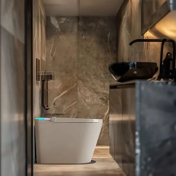 WC intelligent à poser avec veilleuse dans une salle de bains aux murs sombres