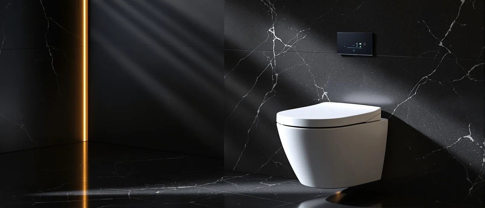 WC intelligent Keliss suspendu sur un mur de marbre noir