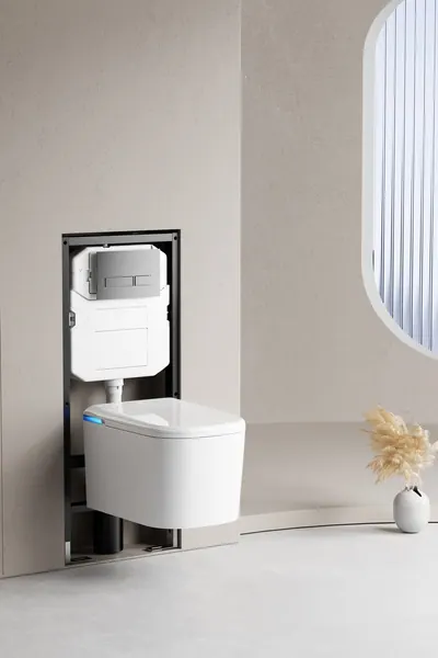WC intelligent suspendu avec le bâti-support visible dans le mur