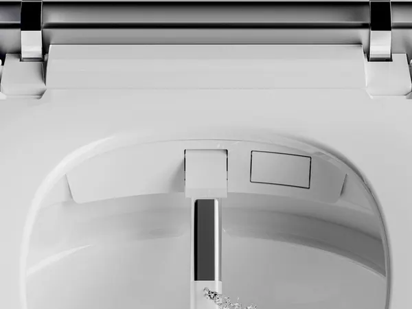 Buse sortie sous le siège d'un WC intelligent blanc