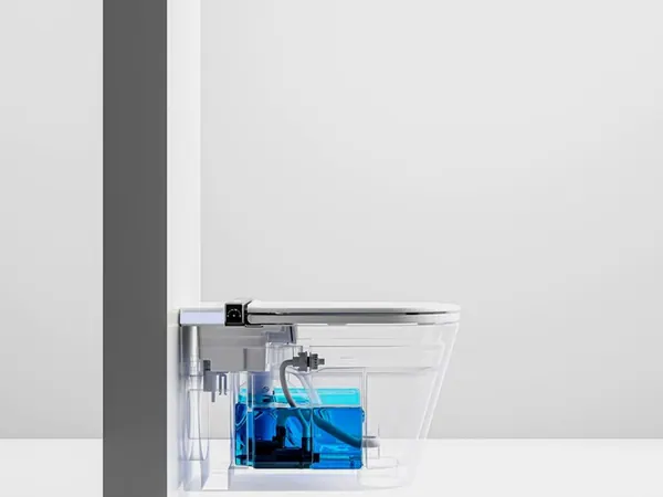 Vue en coupe du réservoir d'un WC intelligent, l'eau mise en évidence