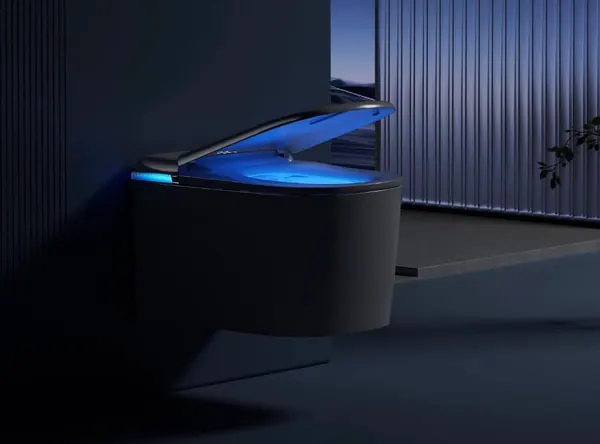WC intelligent foncé avec éclairage d'ambiance dans une salle de bains moderne