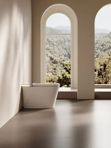 WC intelligent Keliss à poser dans une salle de bains lumineuse avec une fenêtre en arc